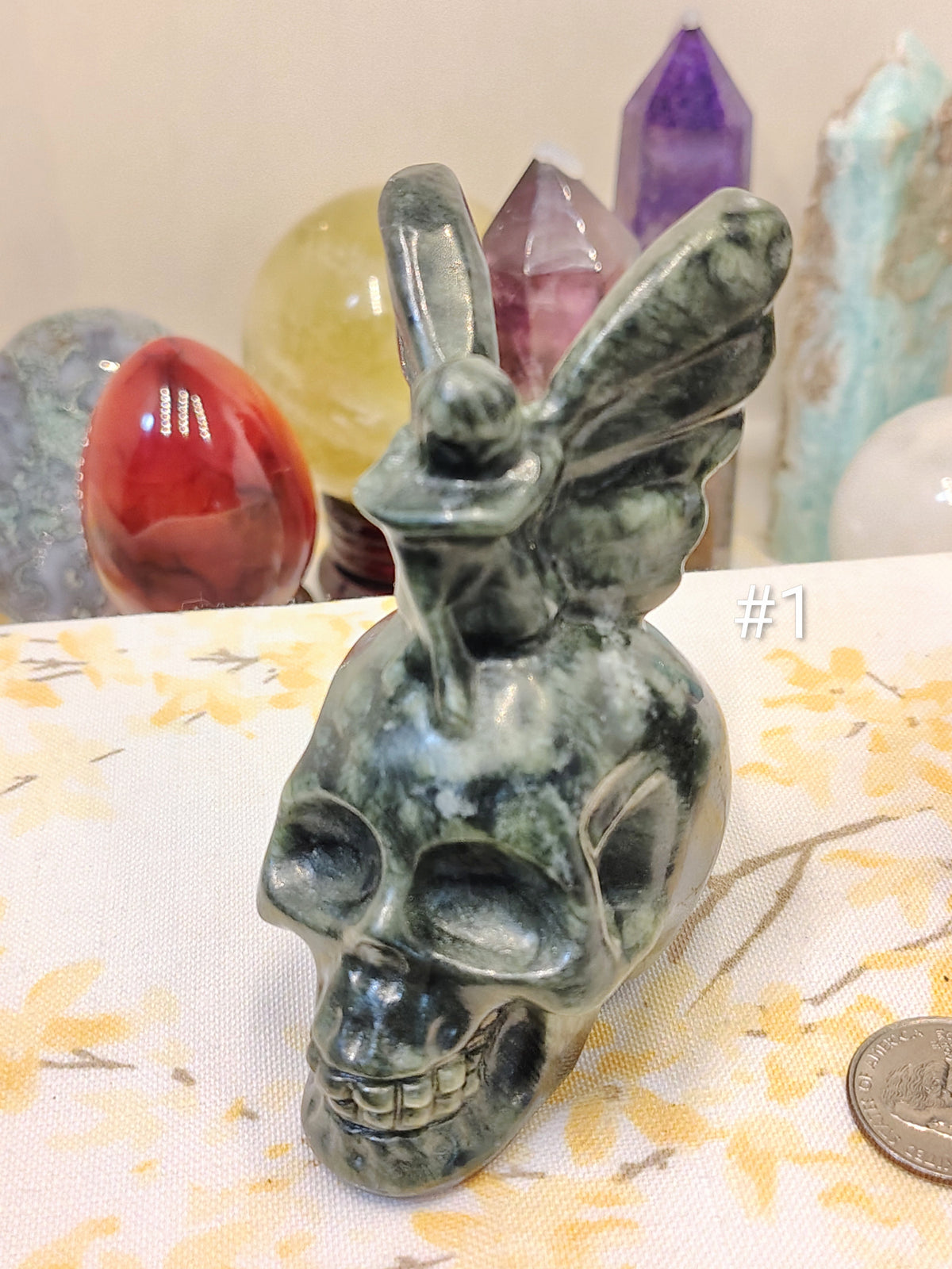 Green Jade Fairy Sitting on Skull Carving | Choose Your Piece