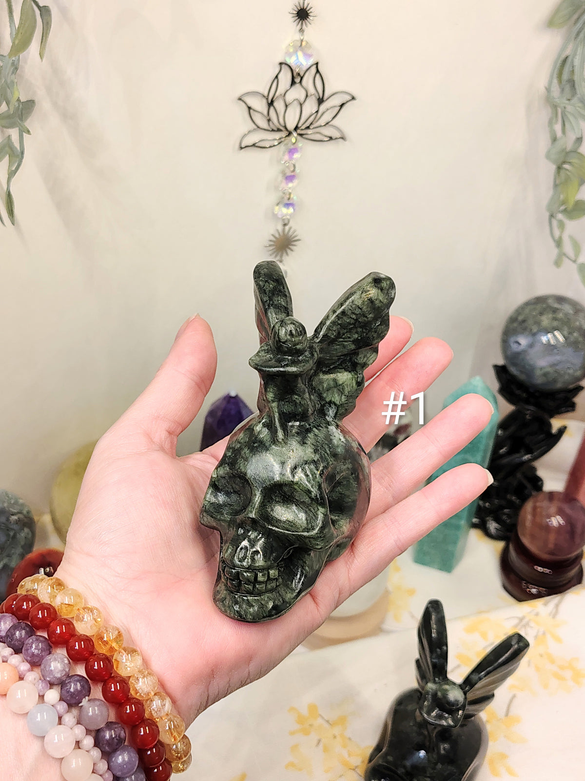 Green Jade Fairy Sitting on Skull Carving | Choose Your Piece