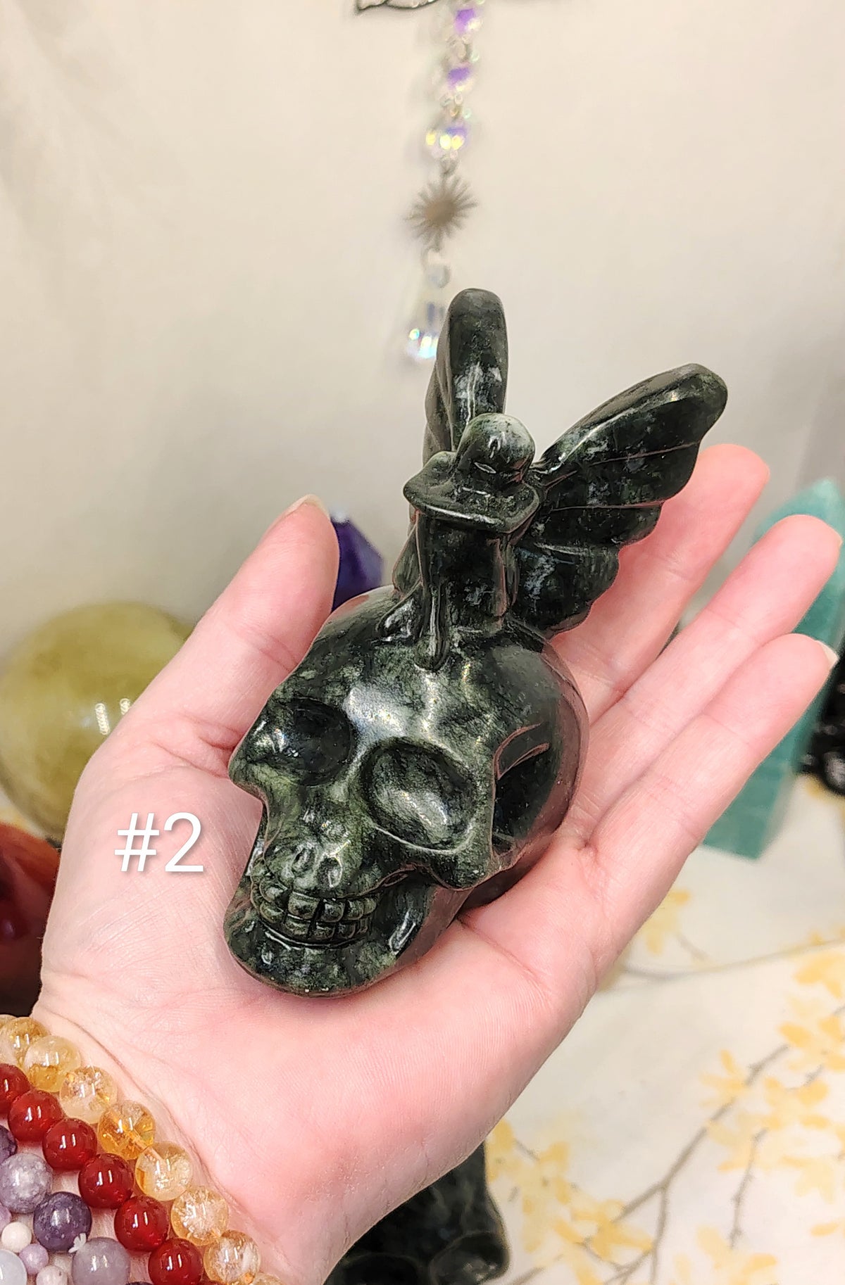 Green Jade Fairy Sitting on Skull Carving | Choose Your Piece
