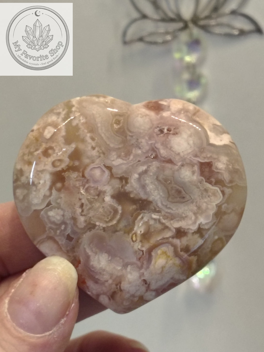 Polished Flower Agate Mini Heart Dishes / Sphere Holders