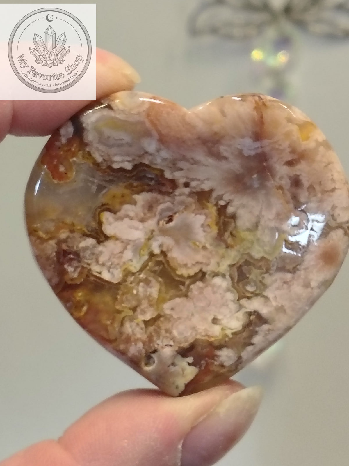 Polished Flower Agate Mini Heart Dishes / Sphere Holders