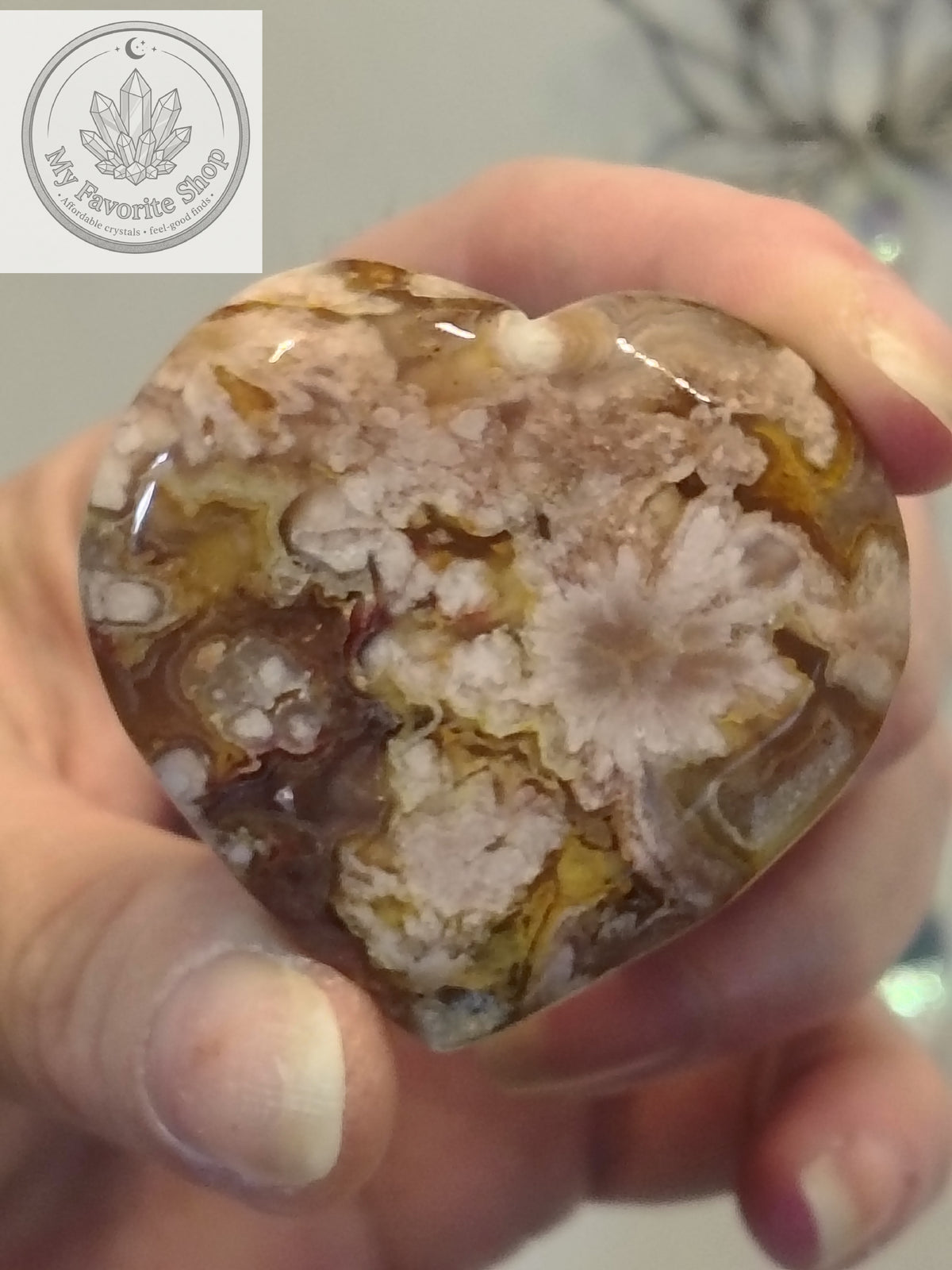 Polished Flower Agate Mini Heart Dishes / Sphere Holders