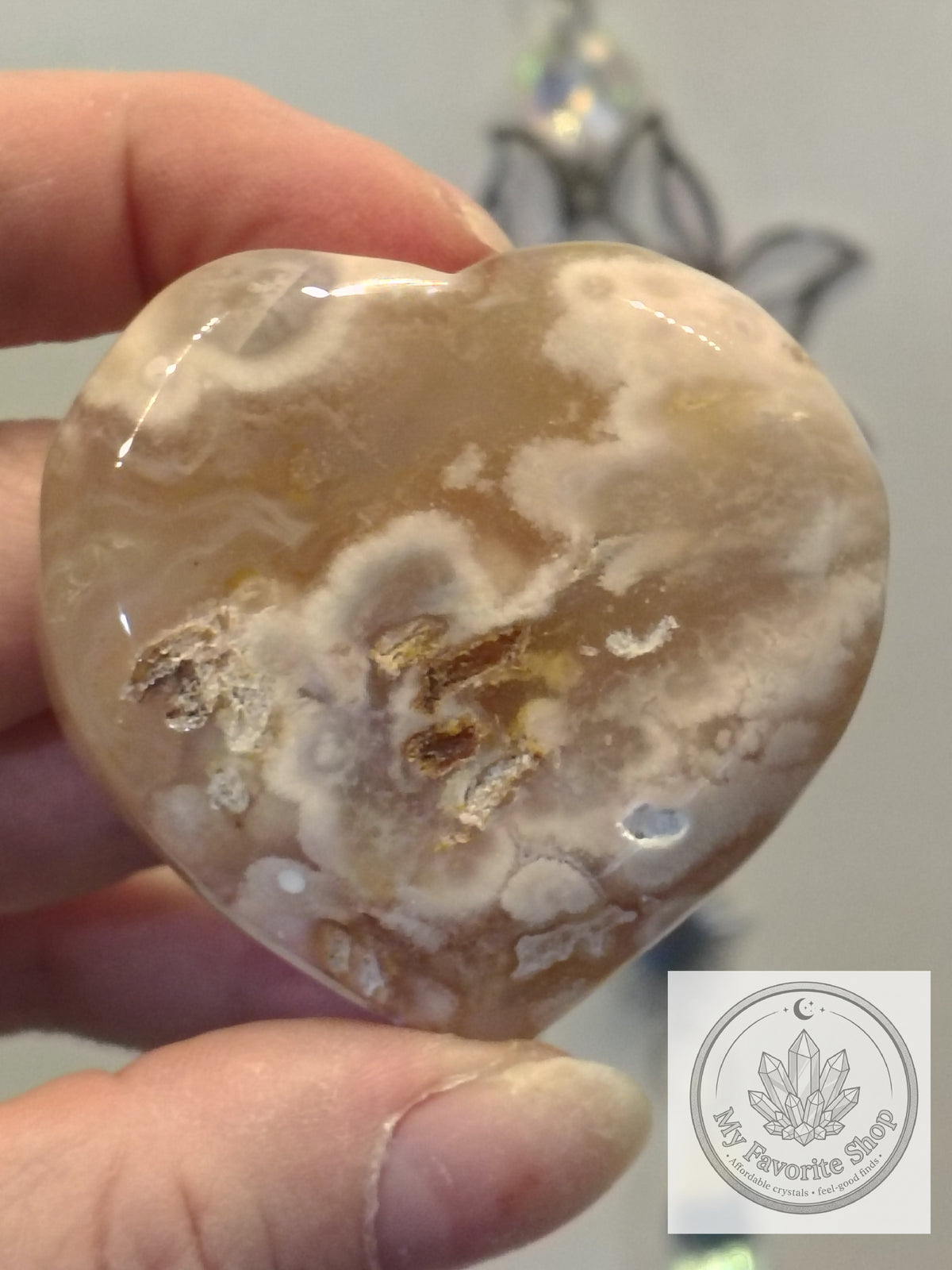 Polished Flower Agate Mini Heart Dishes / Sphere Holders