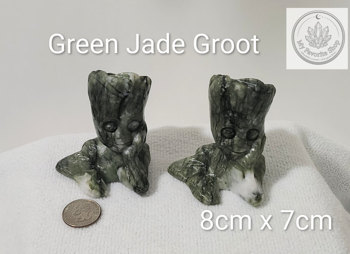 Hand-Carved Green Jade "Groot" Crystal Carving