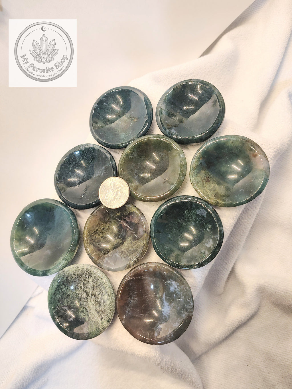 Polished Moss Agate Mini Dishes / Sphere Holders