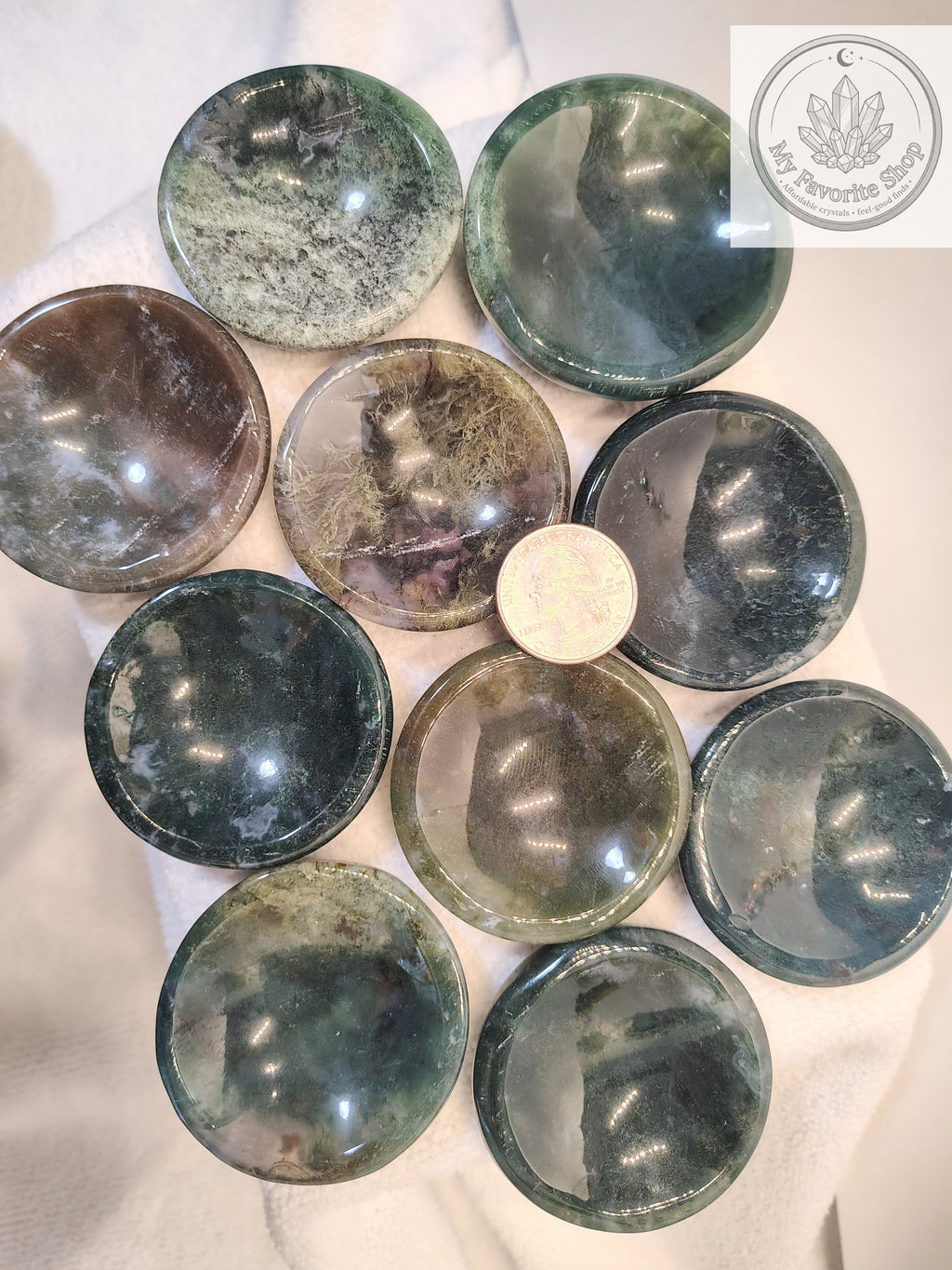 Polished Moss Agate Mini Dishes / Sphere Holders