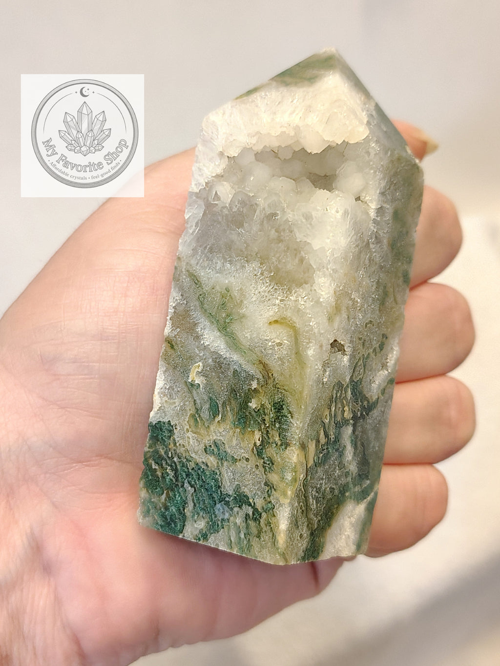 Luminous Elevation: Four-Sided Moss Agate Mini Towers