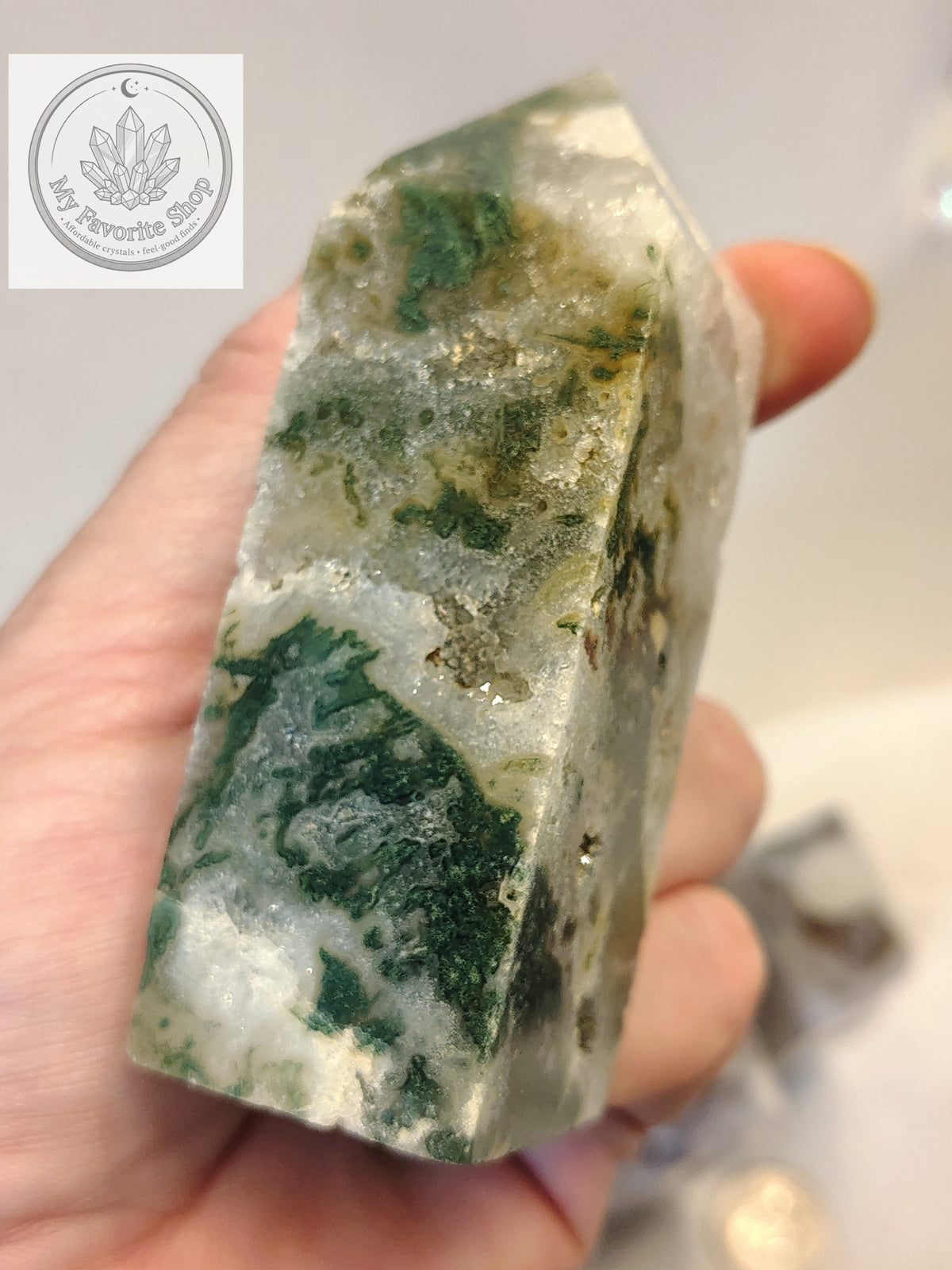 Luminous Elevation: Four-Sided Moss Agate Mini Towers