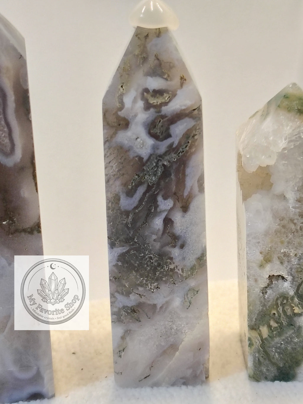 Luminous Elevation: Four-Sided Moss Agate Mini Towers