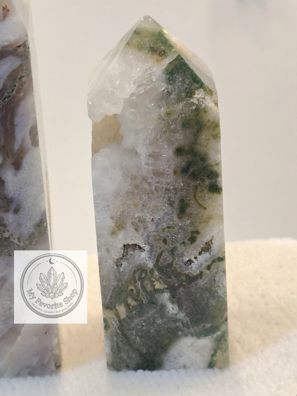 Luminous Elevation: Four-Sided Moss Agate Mini Towers