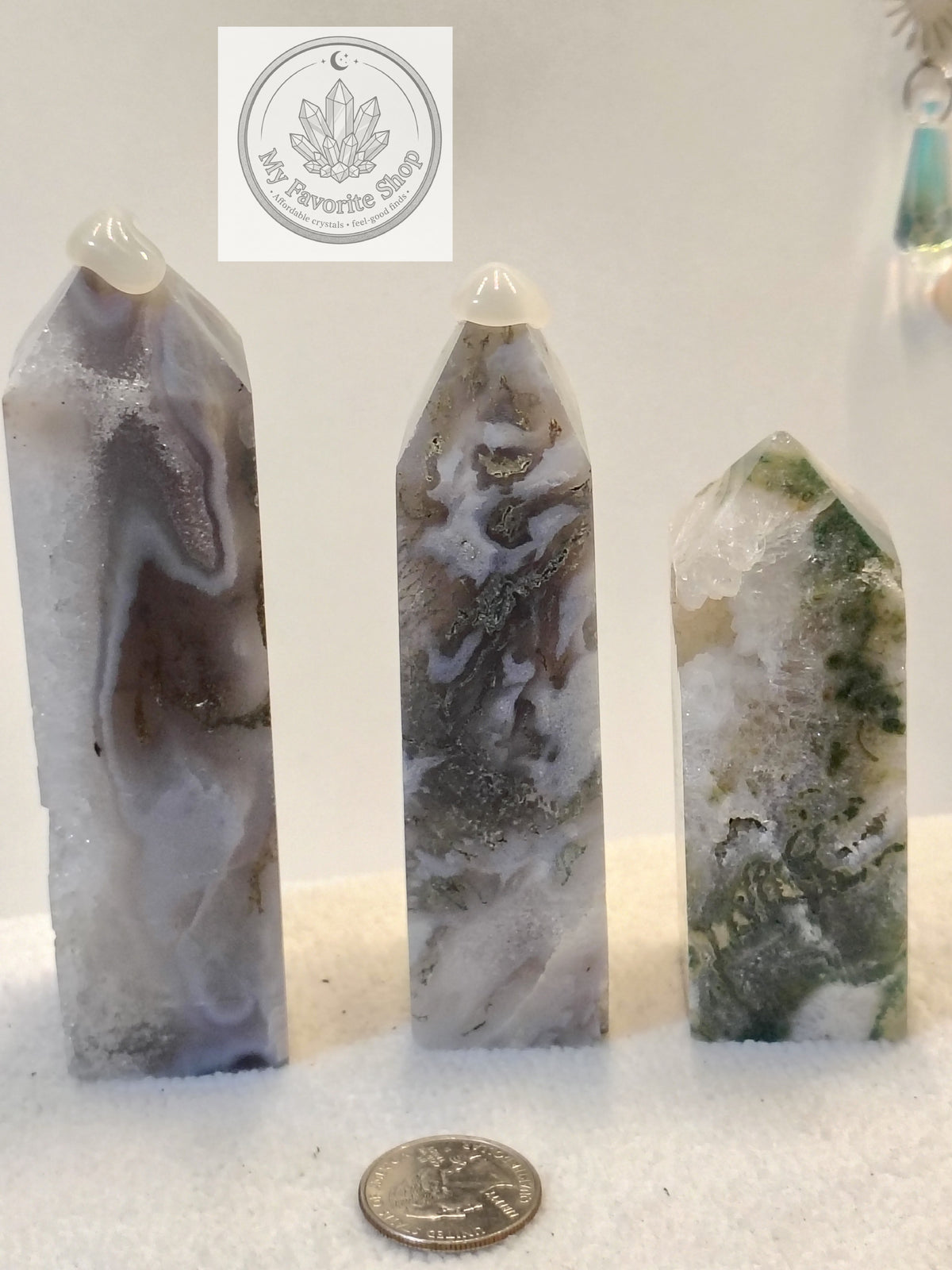 Luminous Elevation: Four-Sided Moss Agate Mini Towers