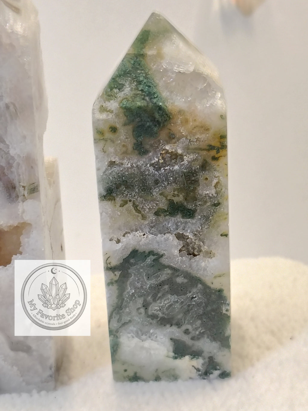 Luminous Elevation: Four-Sided Moss Agate Mini Towers