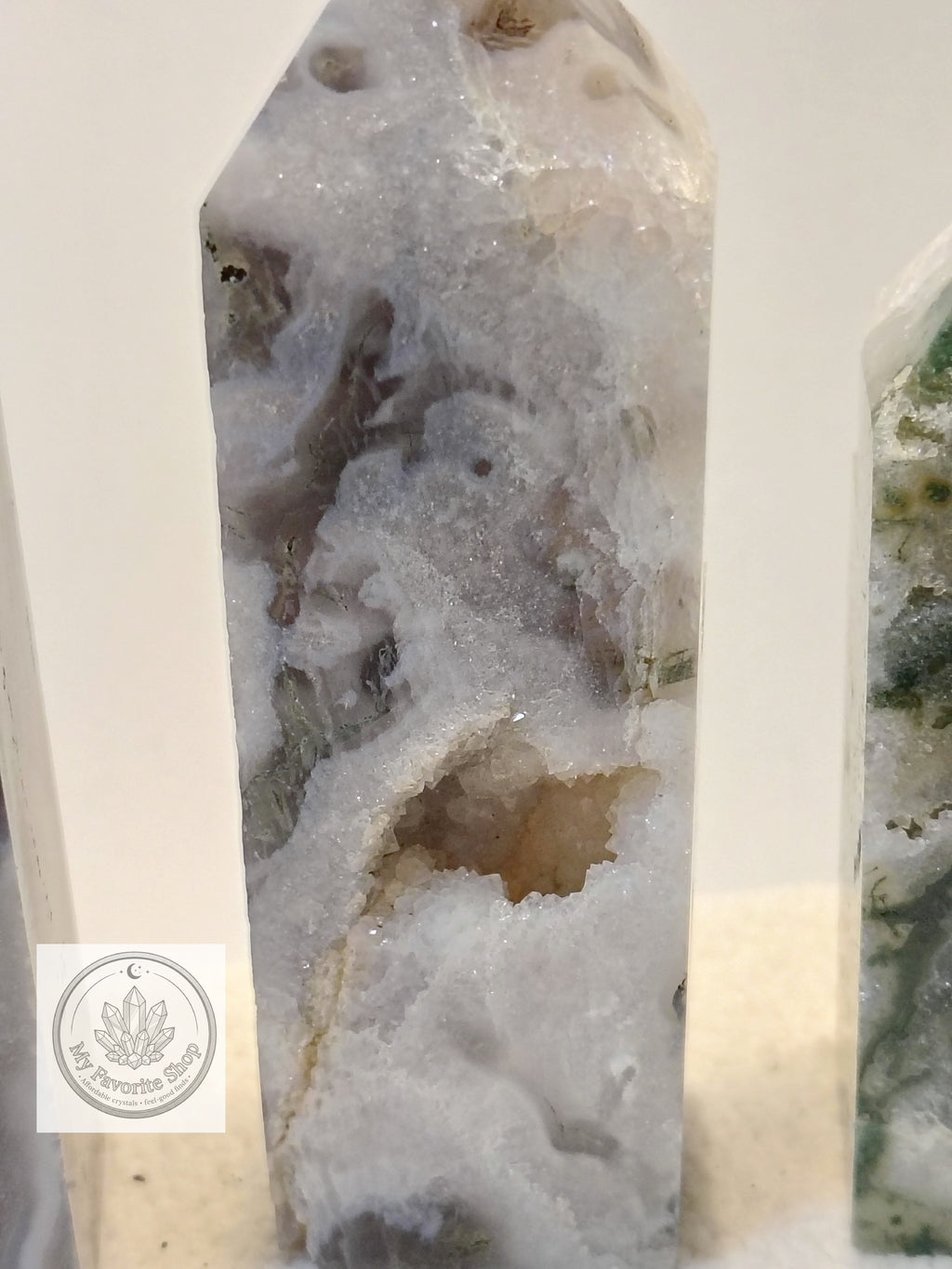 Luminous Elevation: Four-Sided Moss Agate Mini Towers