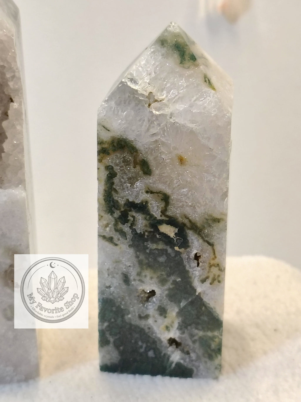 Luminous Elevation: Four-Sided Moss Agate Mini Towers
