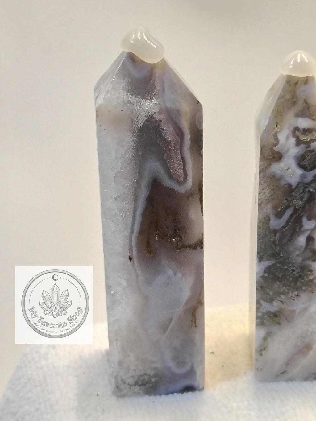 Luminous Elevation: Four-Sided Moss Agate Mini Towers