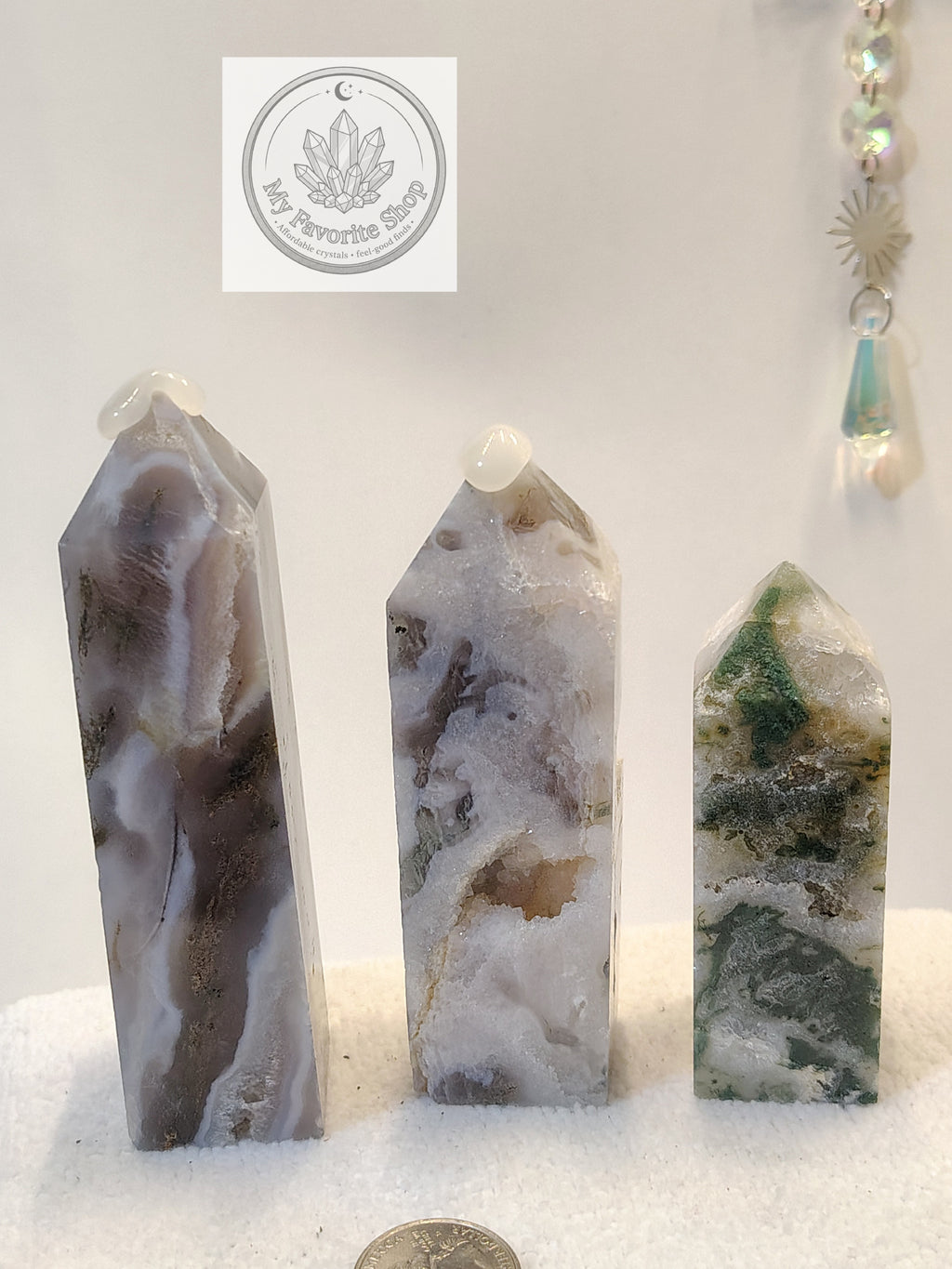 Luminous Elevation: Four-Sided Moss Agate Mini Towers