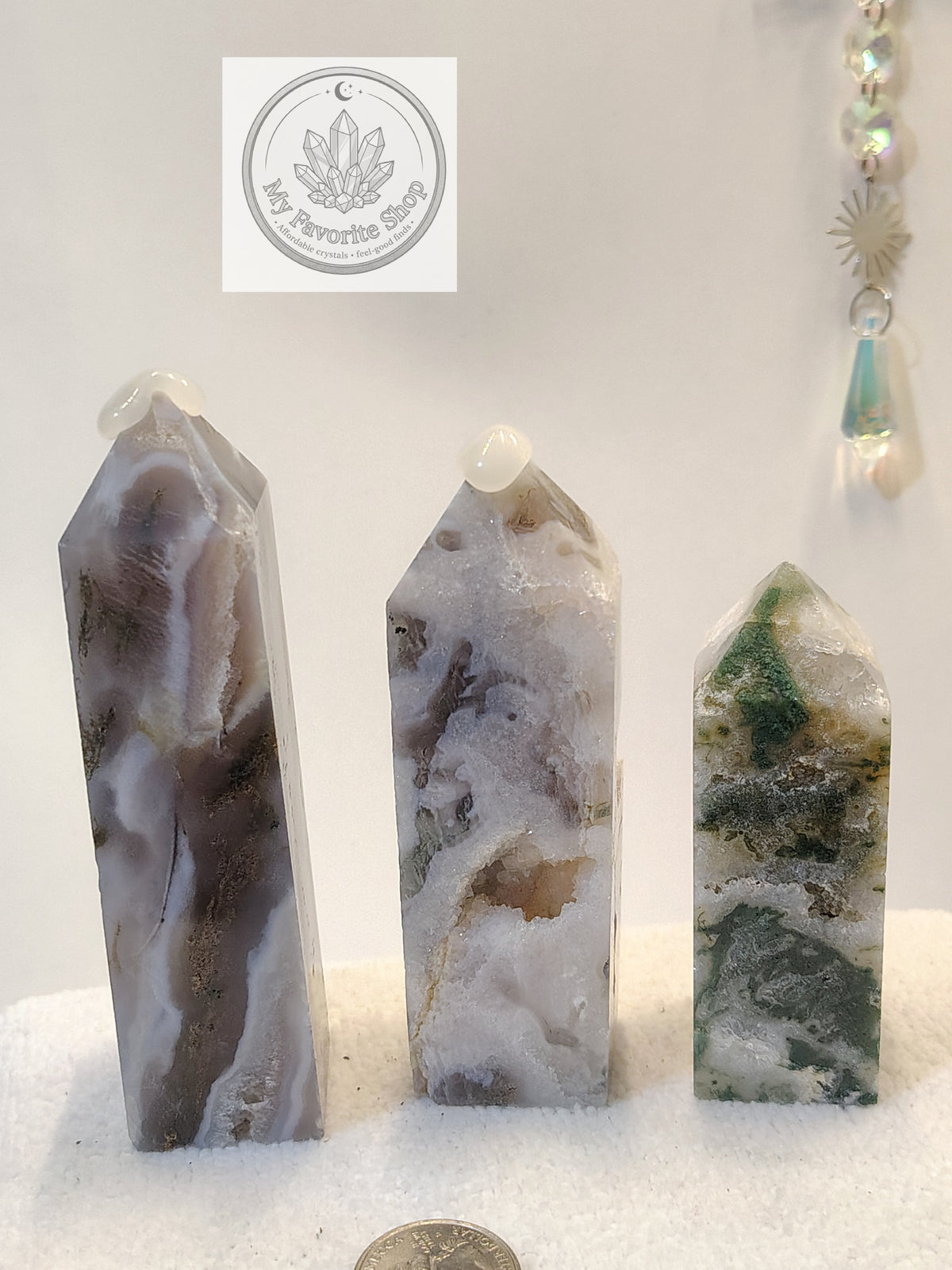 Luminous Elevation: Four-Sided Moss Agate Mini Towers