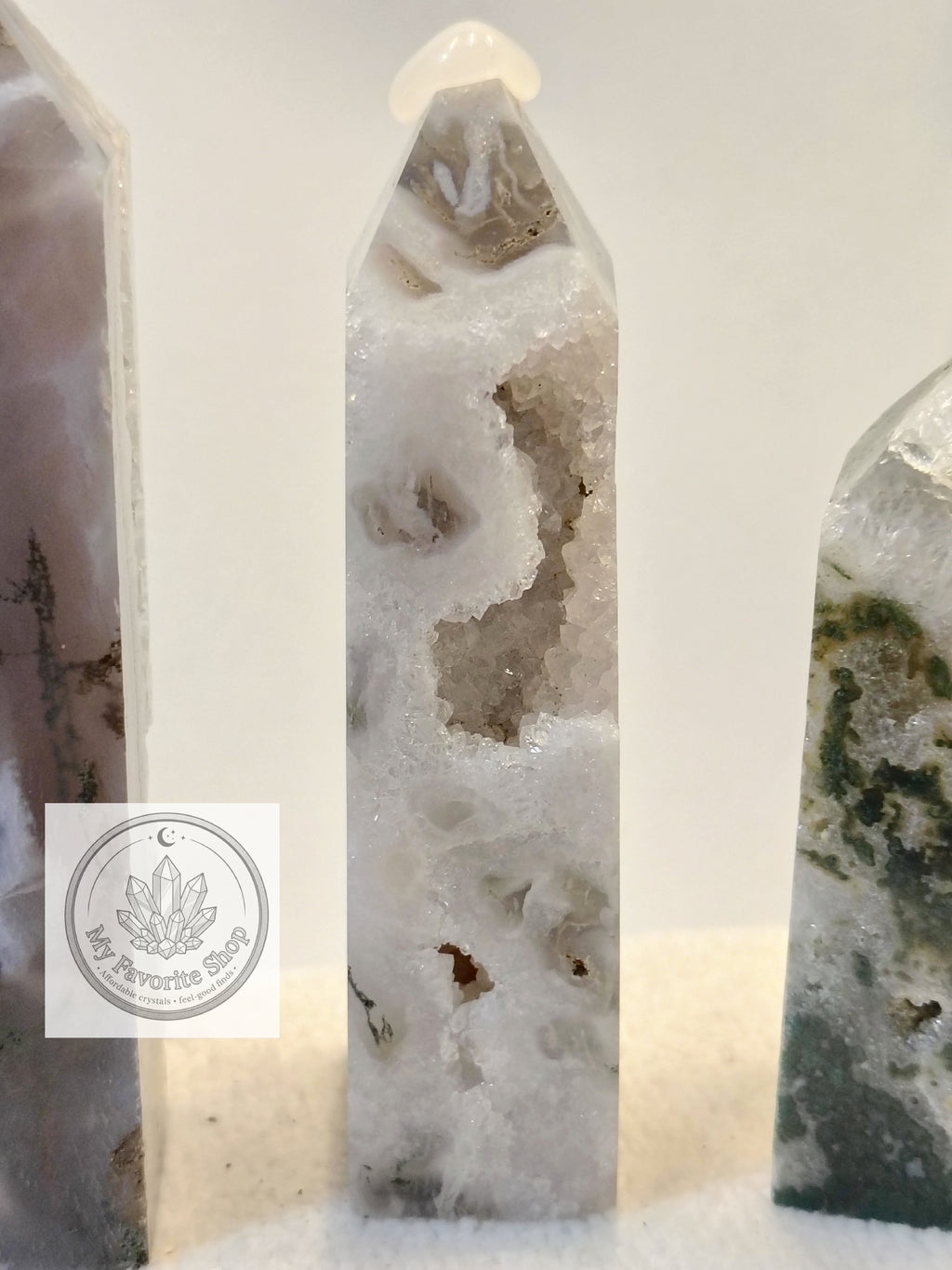 Luminous Elevation: Four-Sided Moss Agate Mini Towers