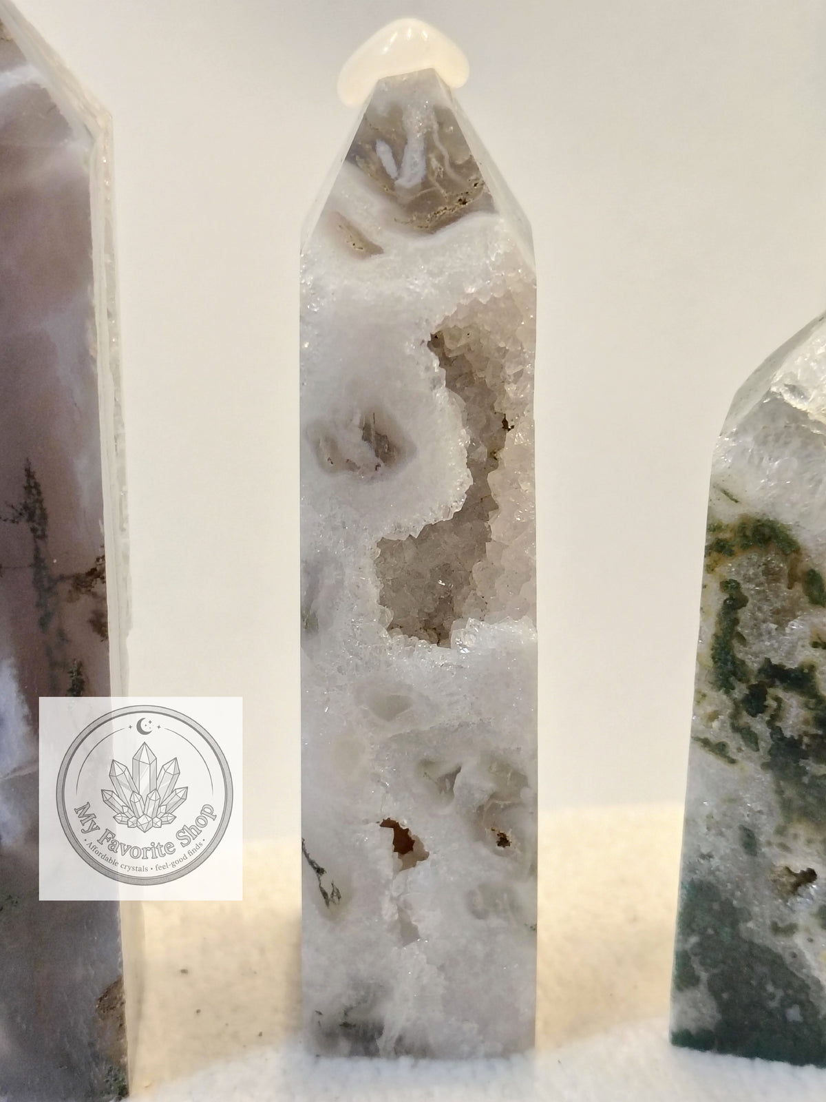 Luminous Elevation: Four-Sided Moss Agate Mini Towers