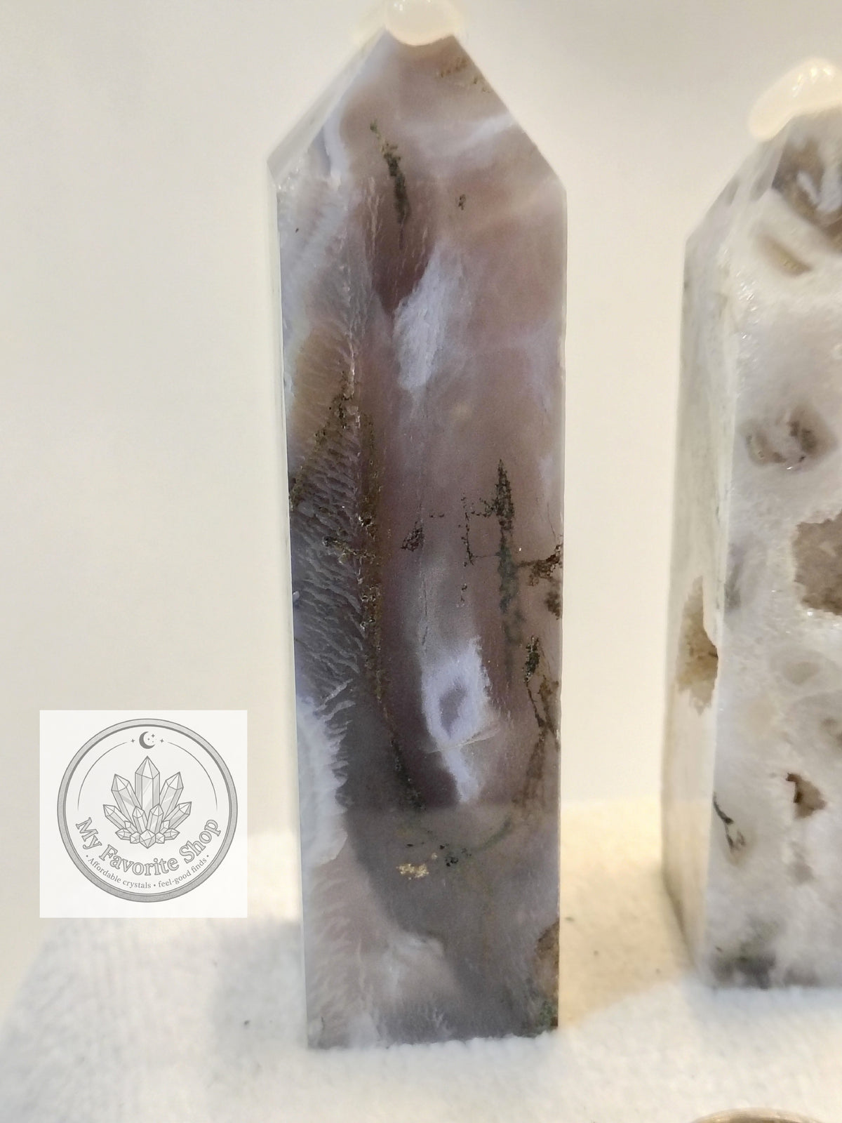 Luminous Elevation: Four-Sided Moss Agate Mini Towers