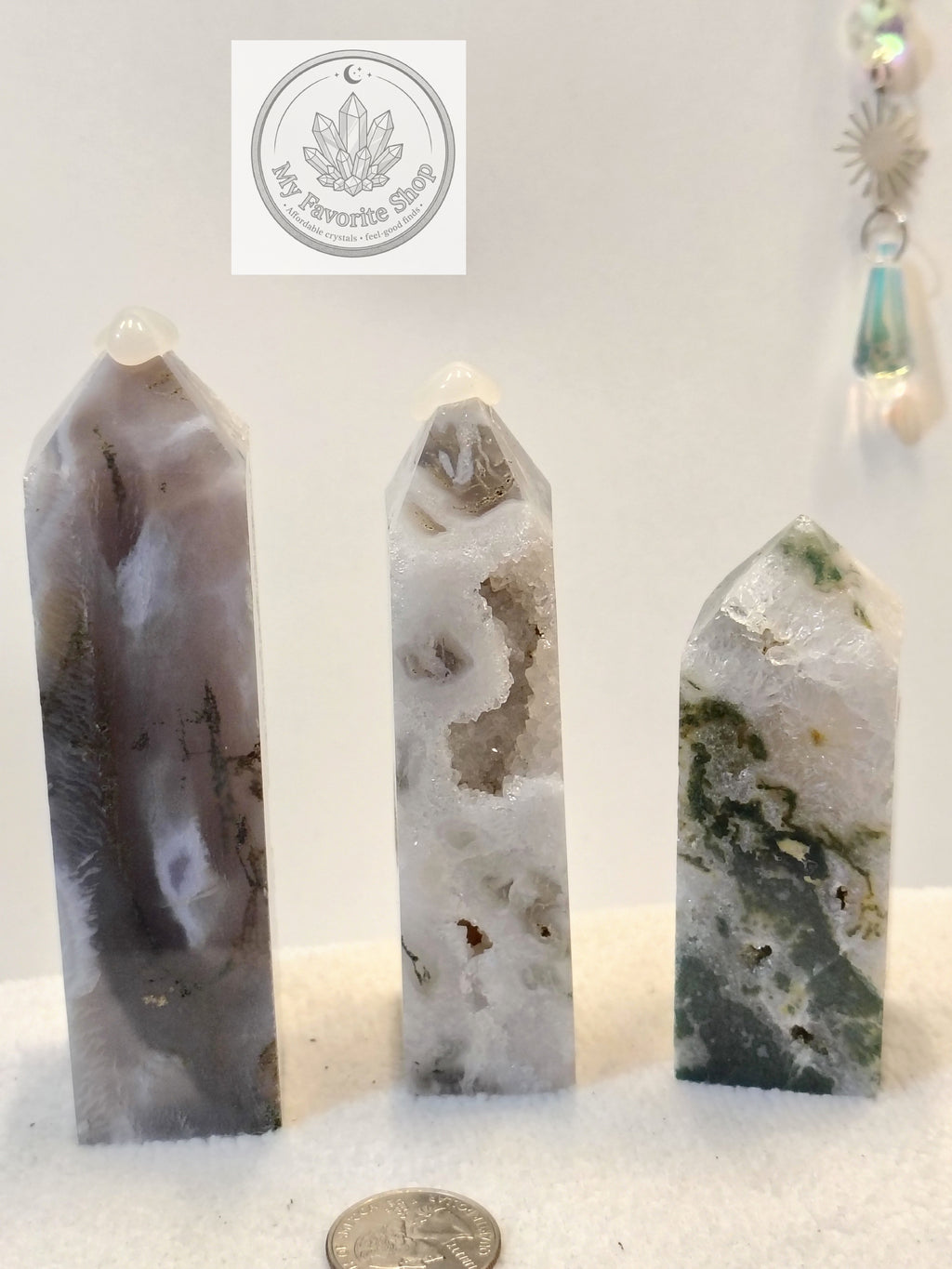 Luminous Elevation: Four-Sided Moss Agate Mini Towers