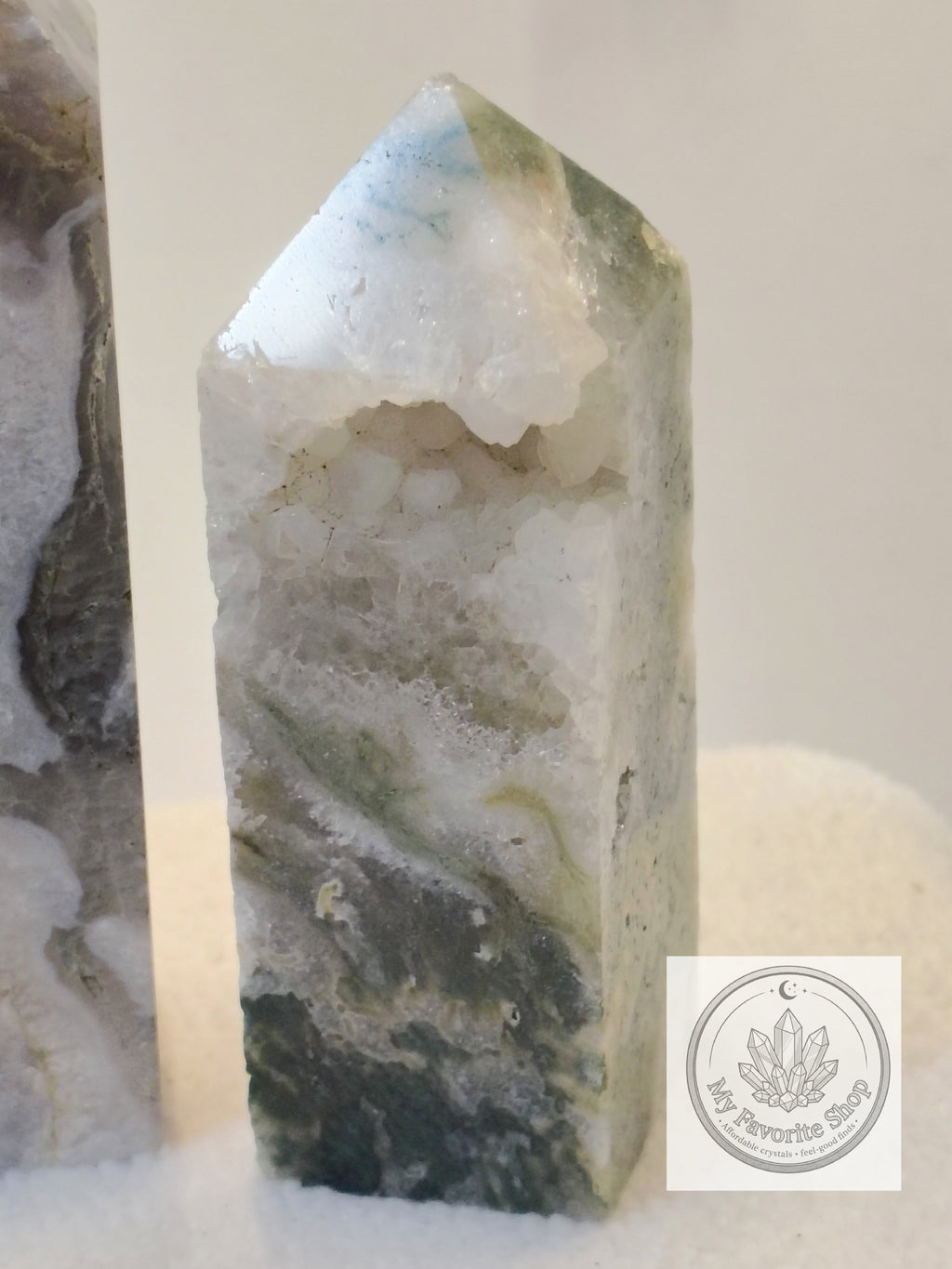 Luminous Elevation: Four-Sided Moss Agate Mini Towers