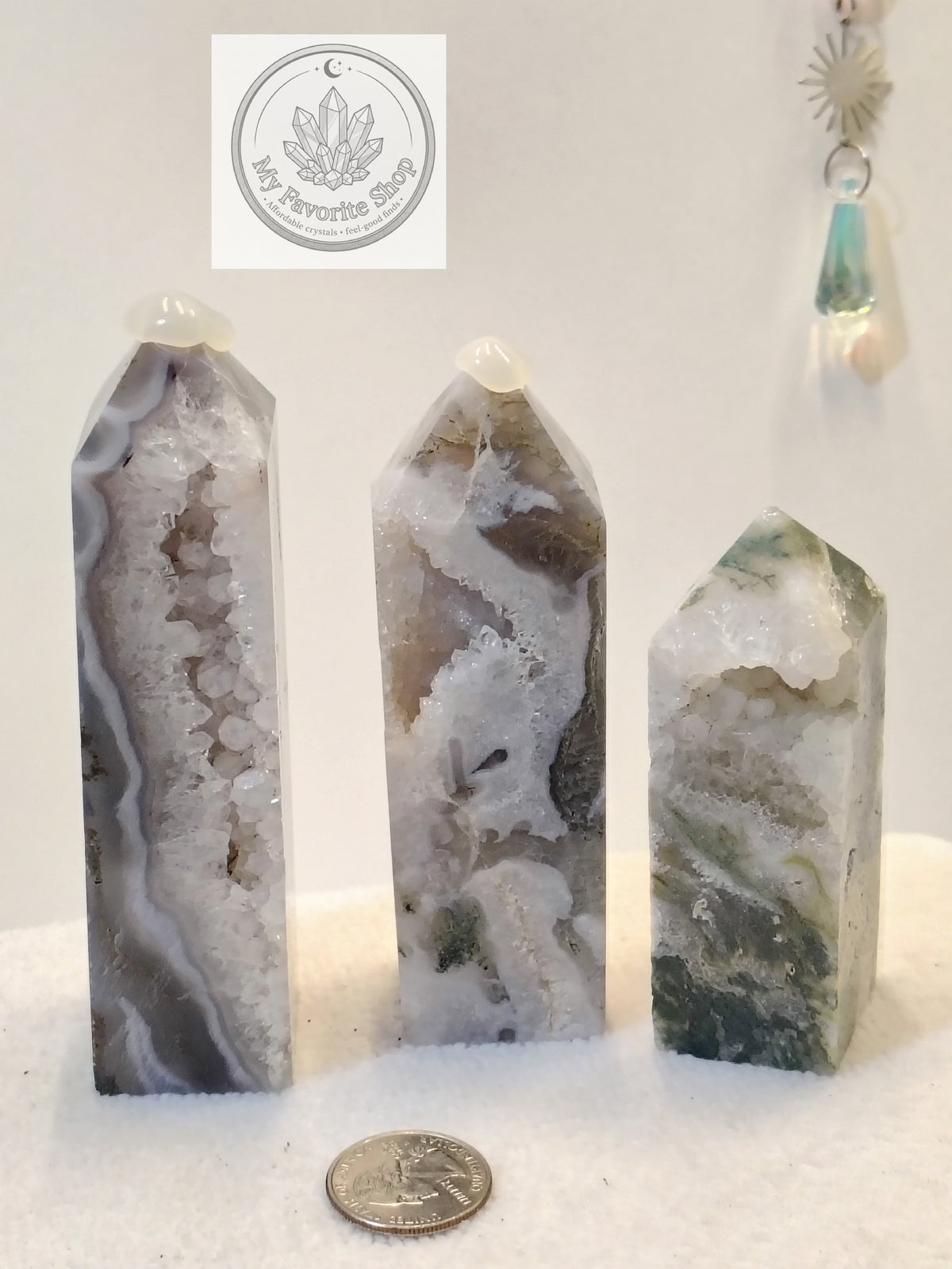 Luminous Elevation: Four-Sided Moss Agate Mini Towers