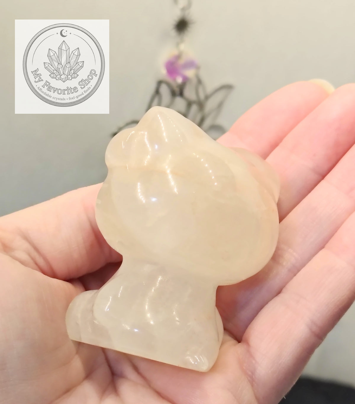 Hand-Carved Quartz Hello Kitty Figurine – Hematoid Whisps & Hidden Rainbows