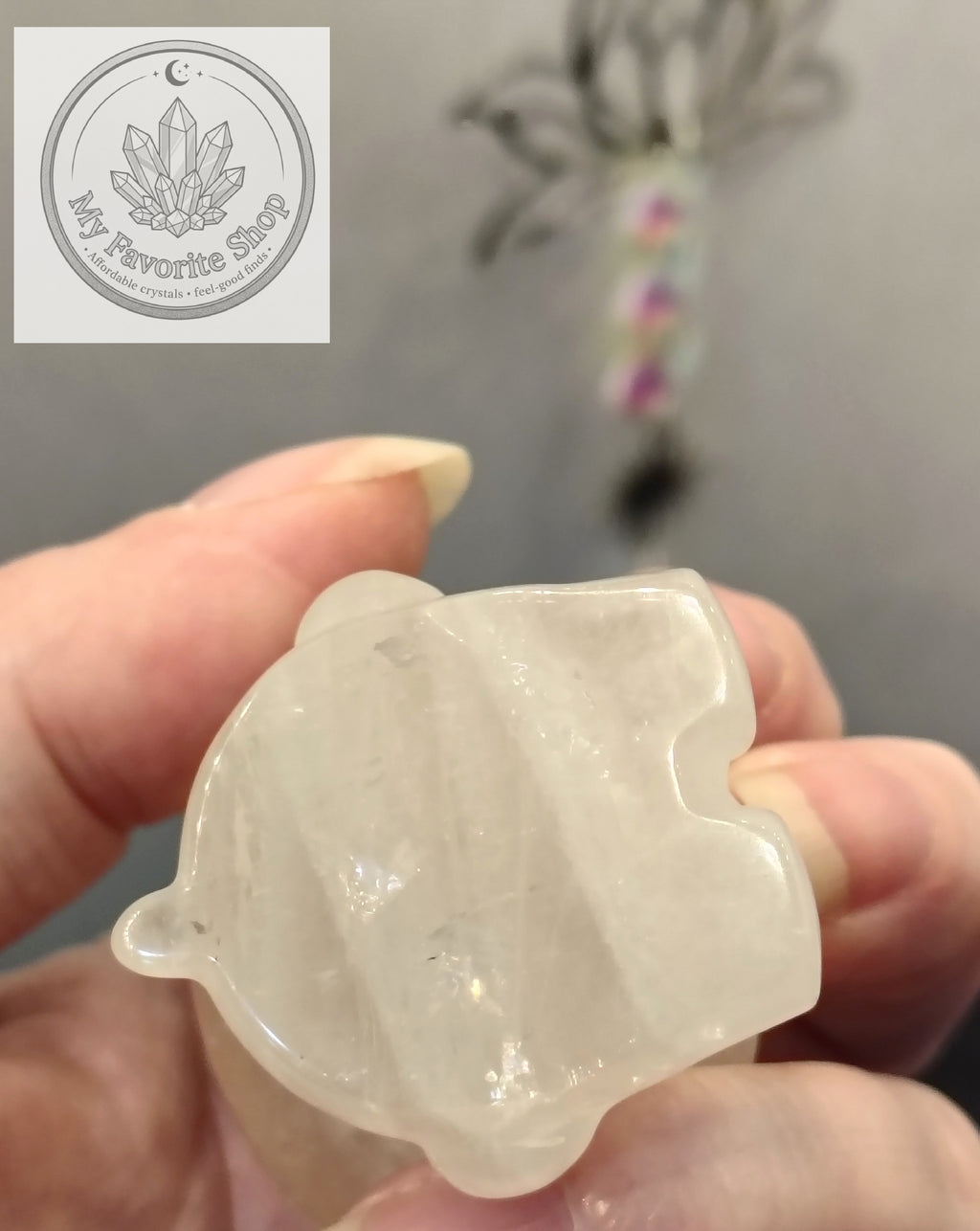 Hand-Carved Quartz Hello Kitty Figurine – Hematoid Whisps & Hidden Rainbows