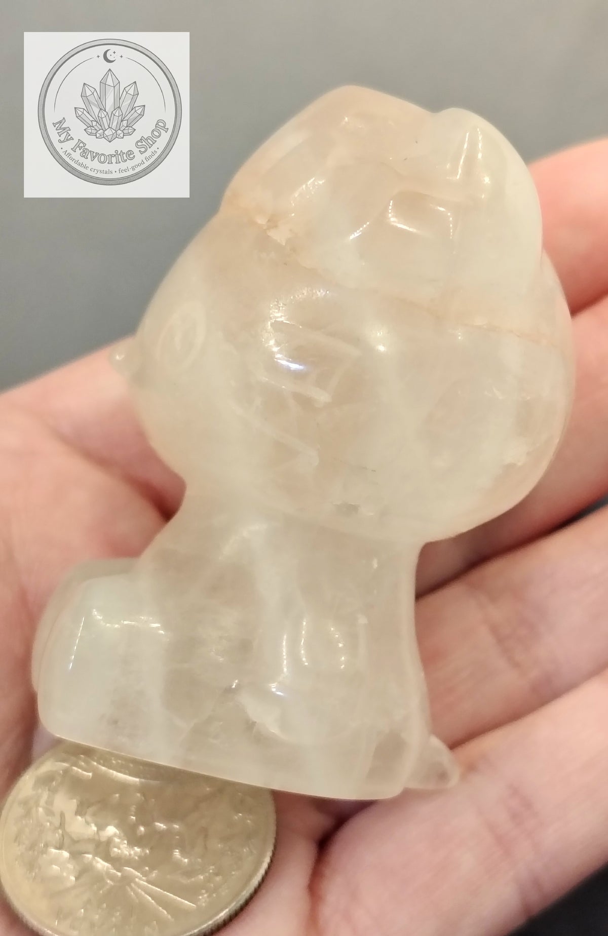 Hand-Carved Quartz Hello Kitty Figurine – Hematoid Whisps & Hidden Rainbows