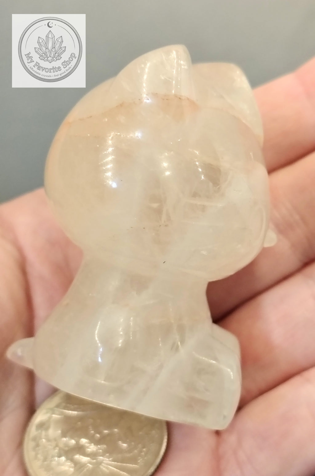 Hand-Carved Quartz Hello Kitty Figurine – Hematoid Whisps & Hidden Rainbows