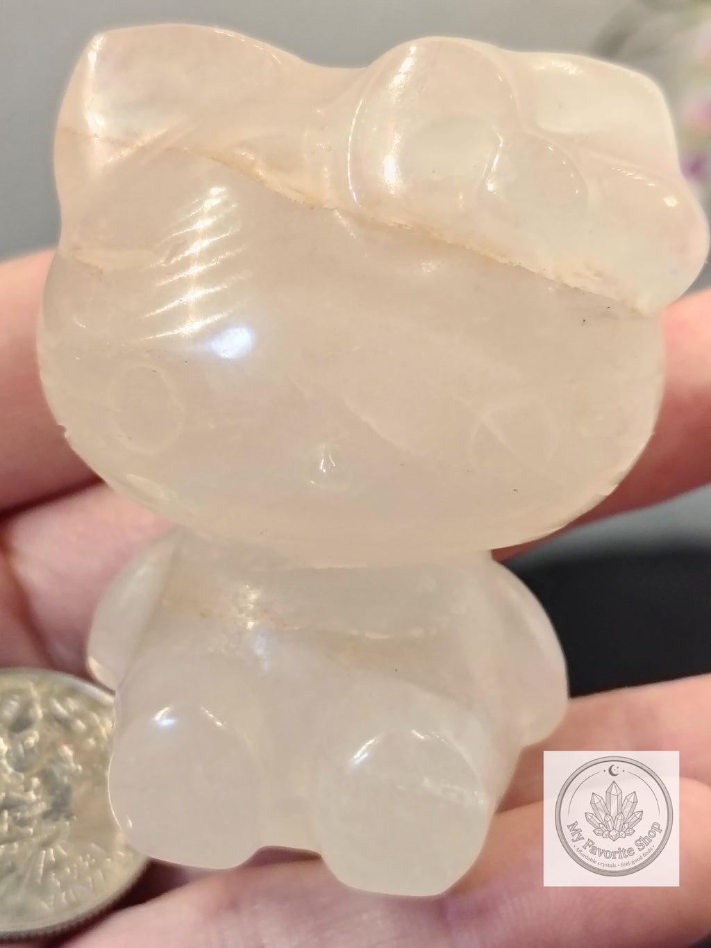Hand-Carved Quartz Hello Kitty Figurine – Hematoid Whisps & Hidden Rainbows
