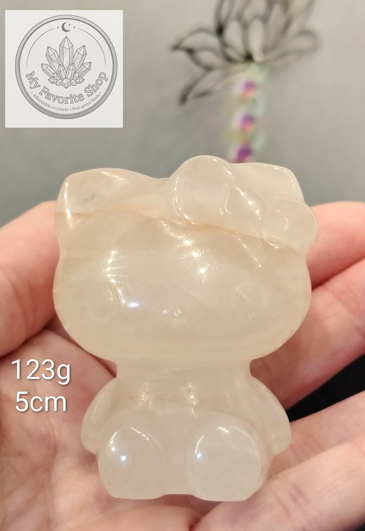 Hand-Carved Quartz Hello Kitty Figurine – Hematoid Whisps & Hidden Rainbows