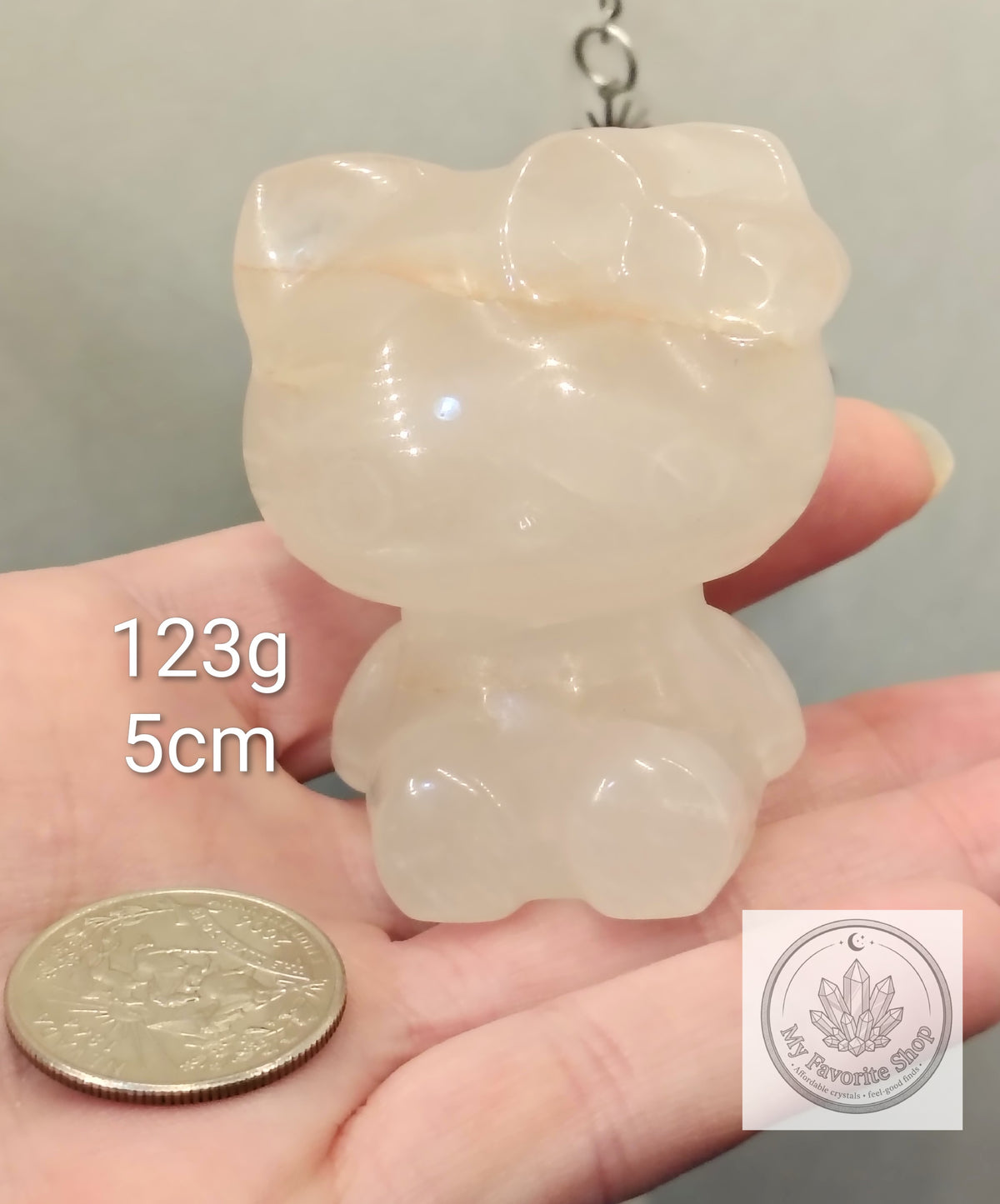 Hand-Carved Quartz Hello Kitty Figurine – Hematoid Whisps & Hidden Rainbows