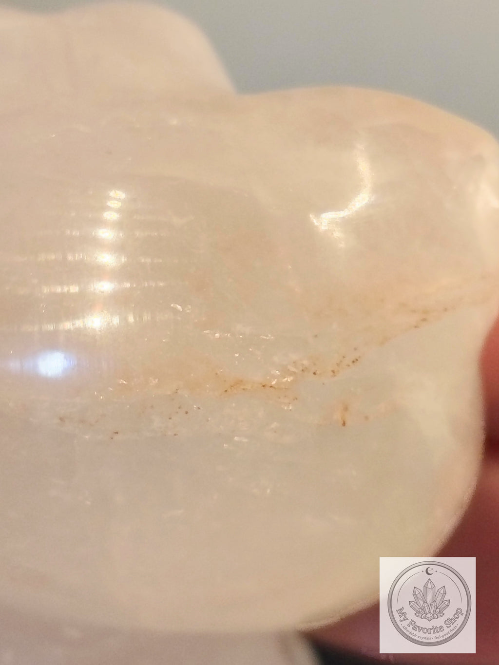 Hand-Carved Quartz Hello Kitty Figurine – Hematoid Whisps & Hidden Rainbows