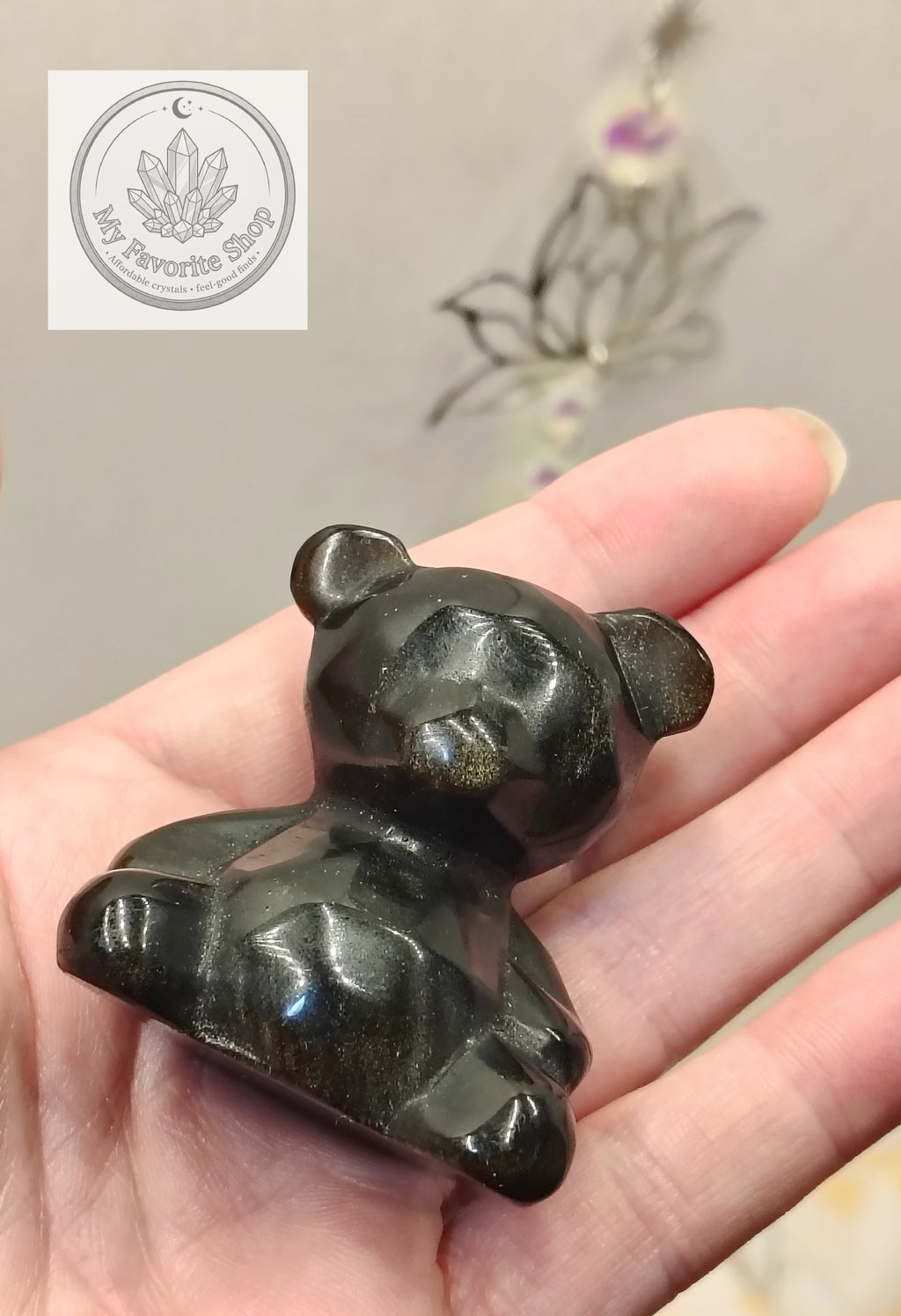 Golden Sheen Obsidian Faceted Teddy Bear Carving