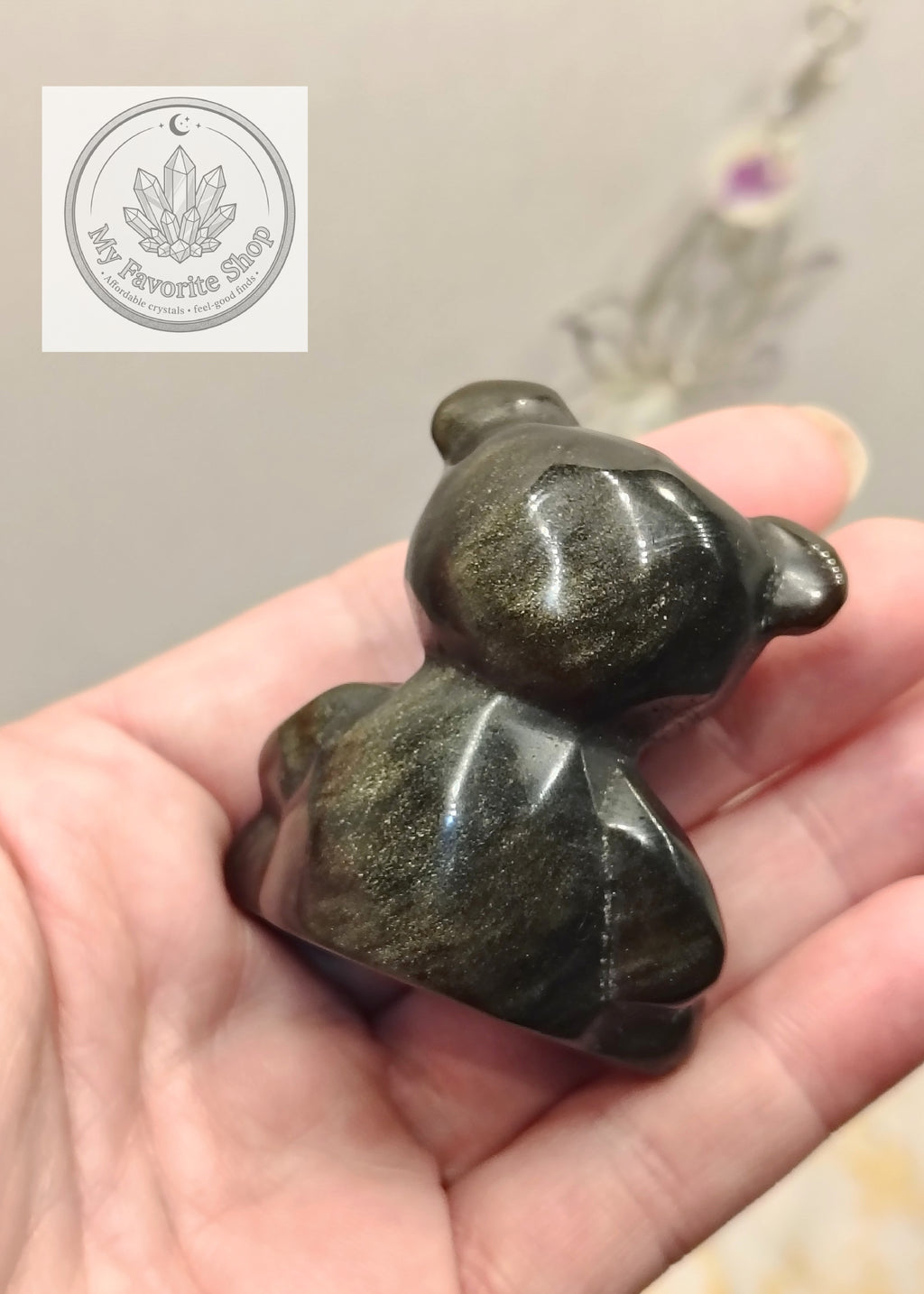 Golden Sheen Obsidian Faceted Teddy Bear Carving