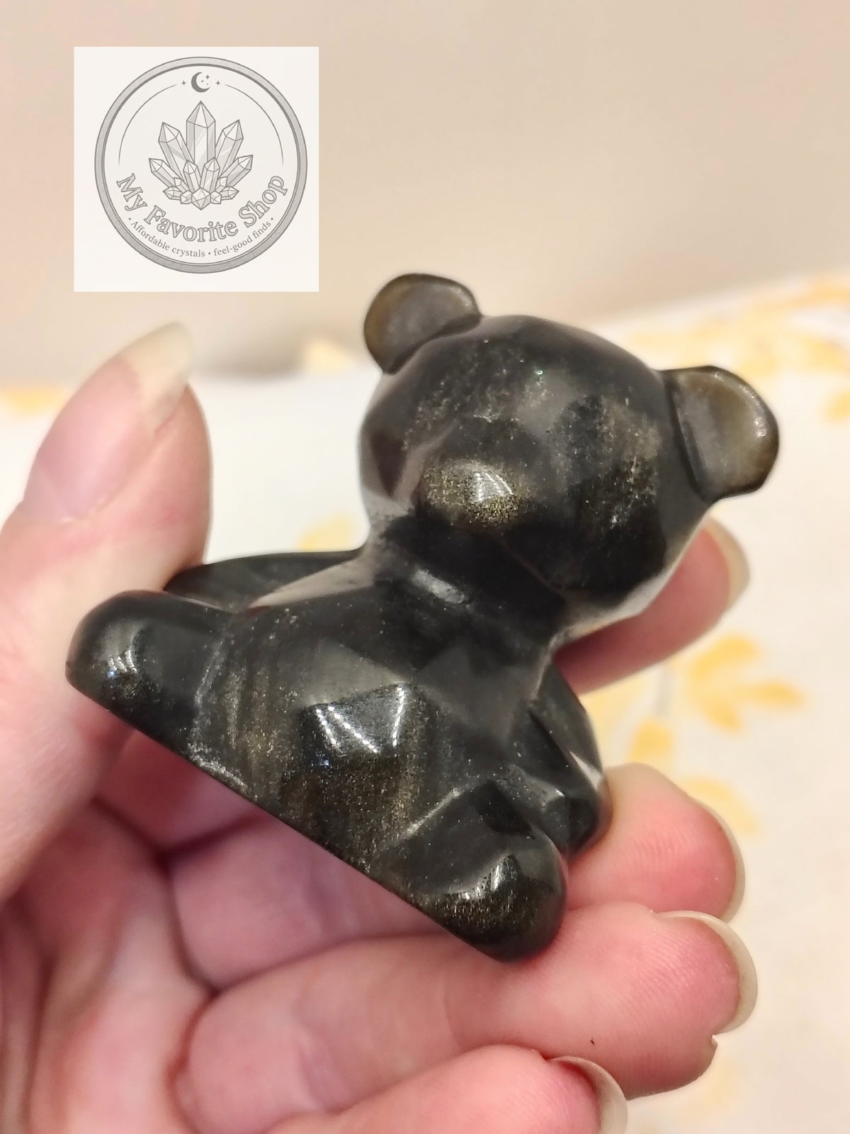 Golden Sheen Obsidian Faceted Teddy Bear Carving