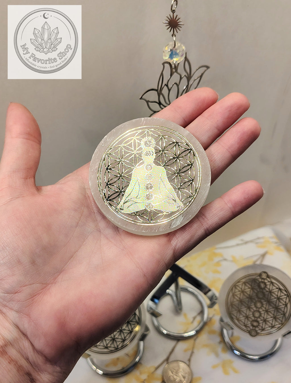 Selenite Charging Plate | 6cm Flower of Life & Chakra Disc