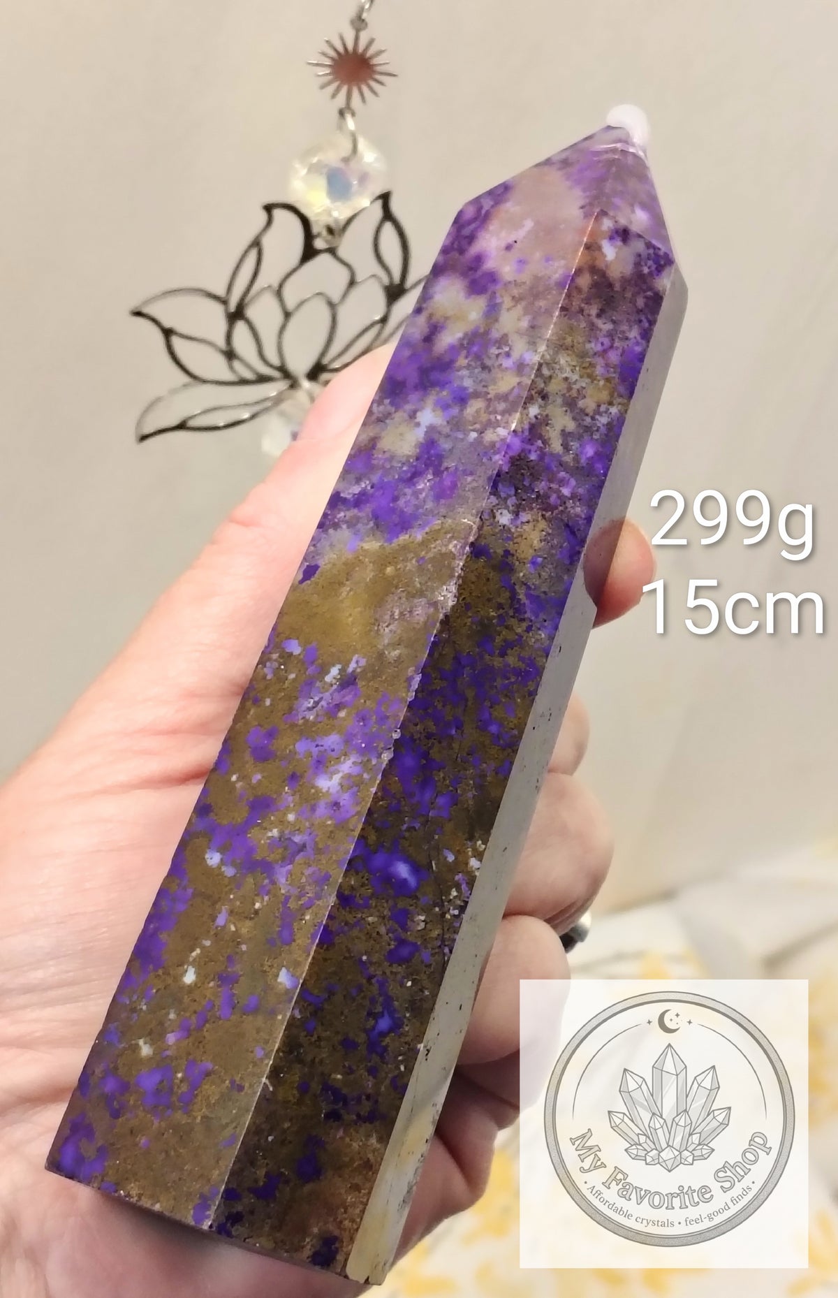 Purple-Dyed Natural Moss Agate Tower – 15 cm