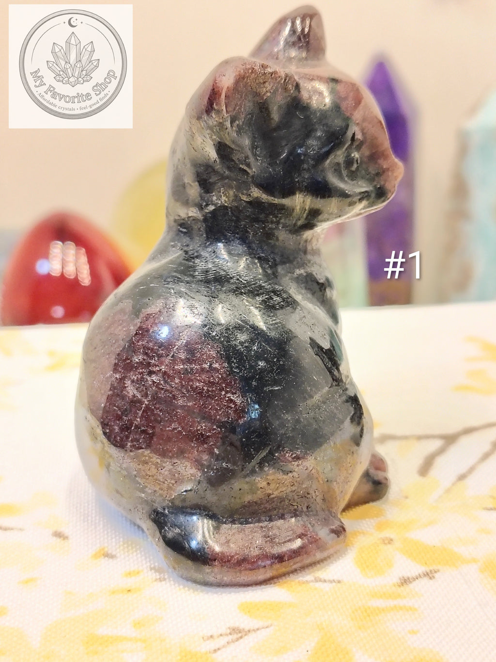 Garnet in Astrophyllite Cat Carving | 3 inch Crystal Kitten