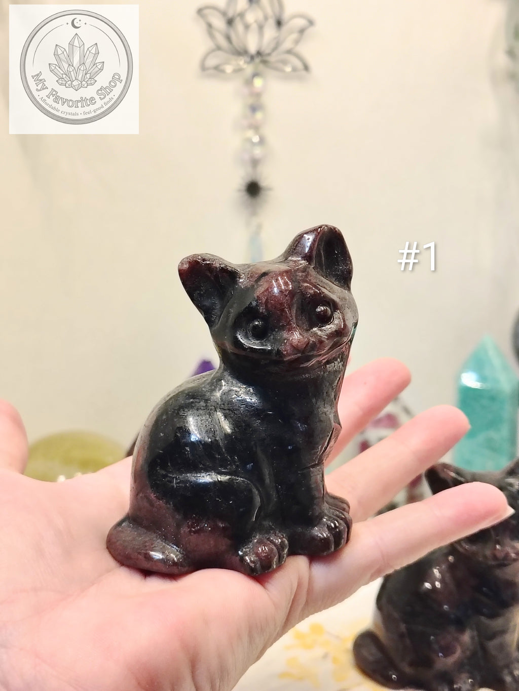 Garnet in Astrophyllite Cat Carving | 3 inch Crystal Kitten