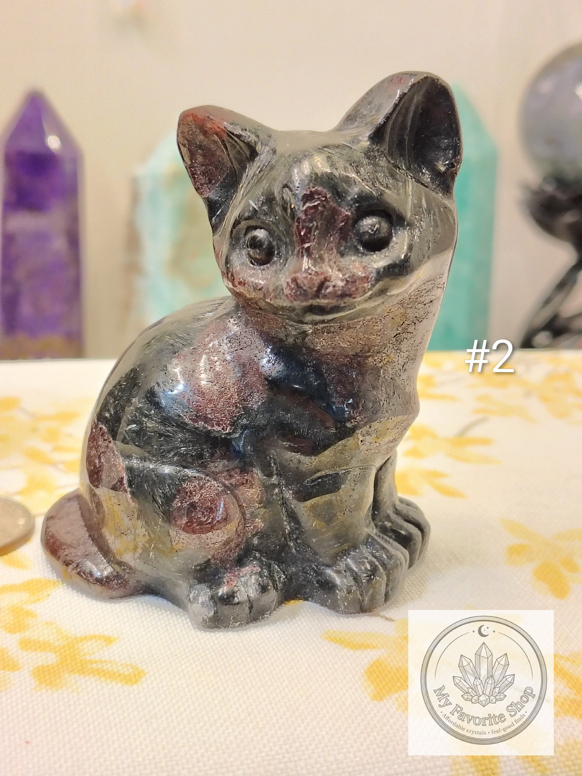 Garnet in Astrophyllite Cat Carving | 3 inch Crystal Kitten