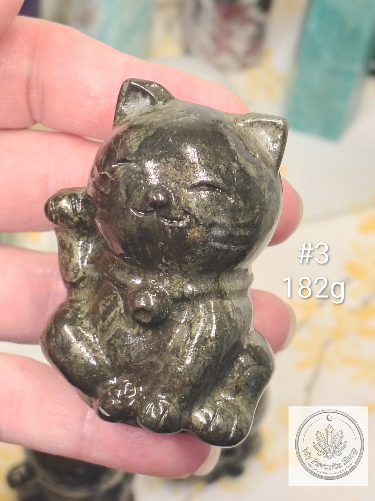 Pyrite Lucky Cat Carving | Maneki-Neko Fortune Cat