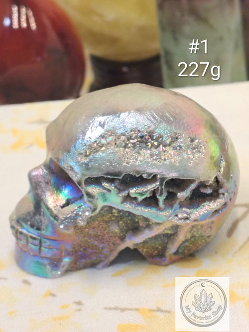 Aura Sphalerite Skull Carvings – Rainbow Shimmer