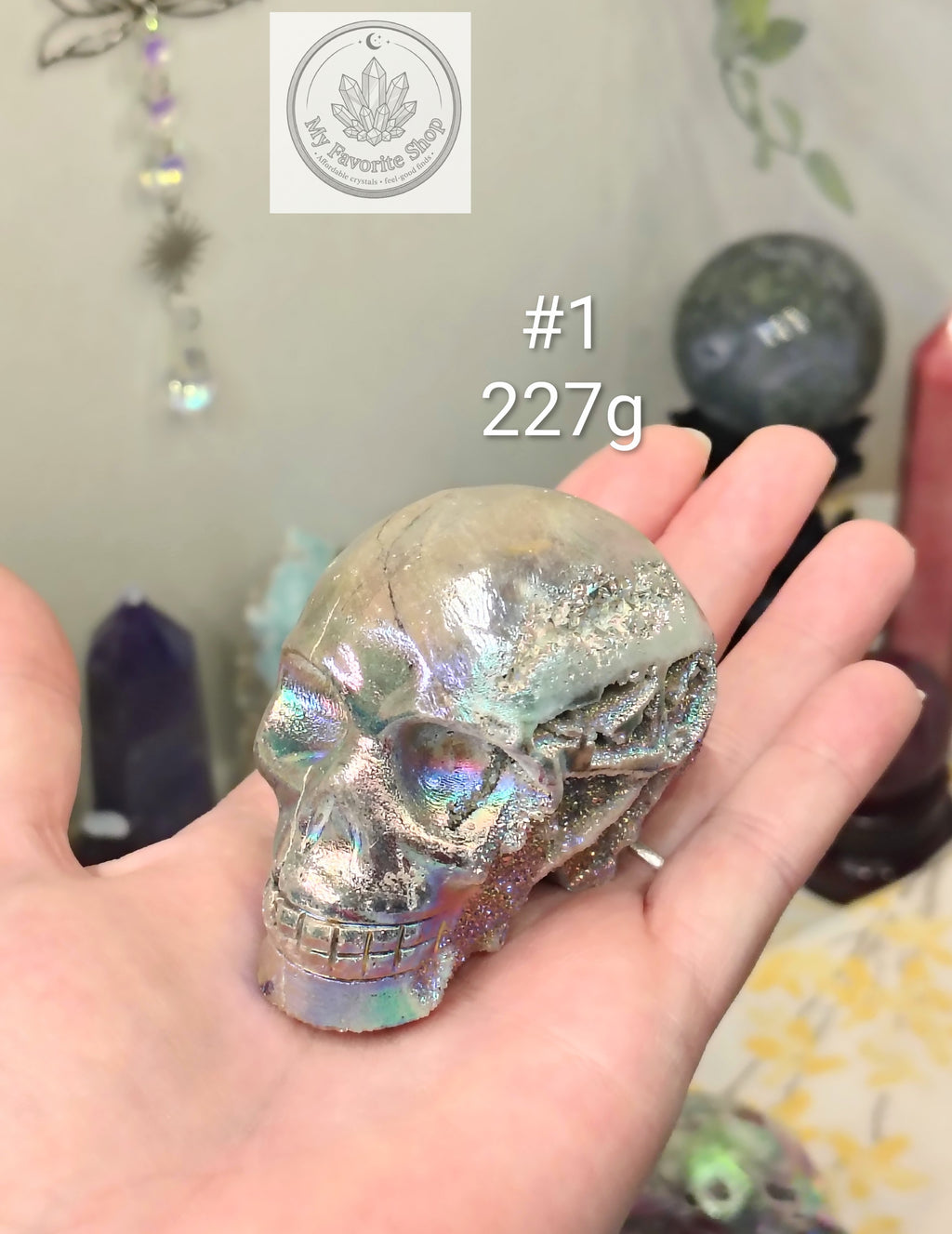 Aura Sphalerite Skull Carvings – Rainbow Shimmer