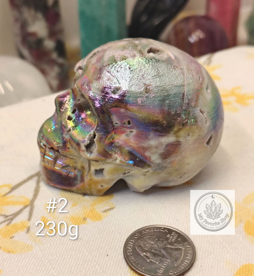 Aura Sphalerite Skull Carvings – Rainbow Shimmer