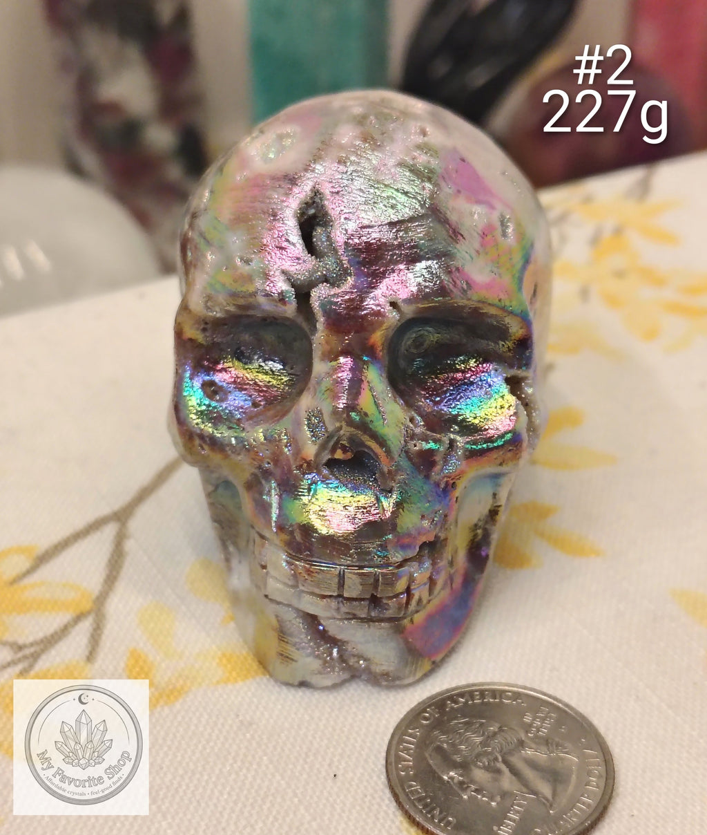 Aura Sphalerite Skull Carvings – Rainbow Shimmer