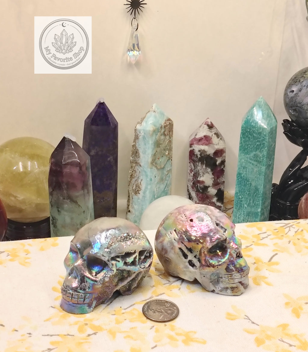 Aura Sphalerite Skull Carvings – Rainbow Shimmer