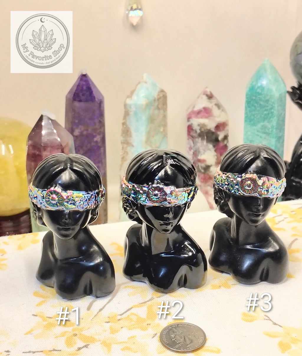 Black Obsidian Goddess Busts with Aura-Coated Blindfolds